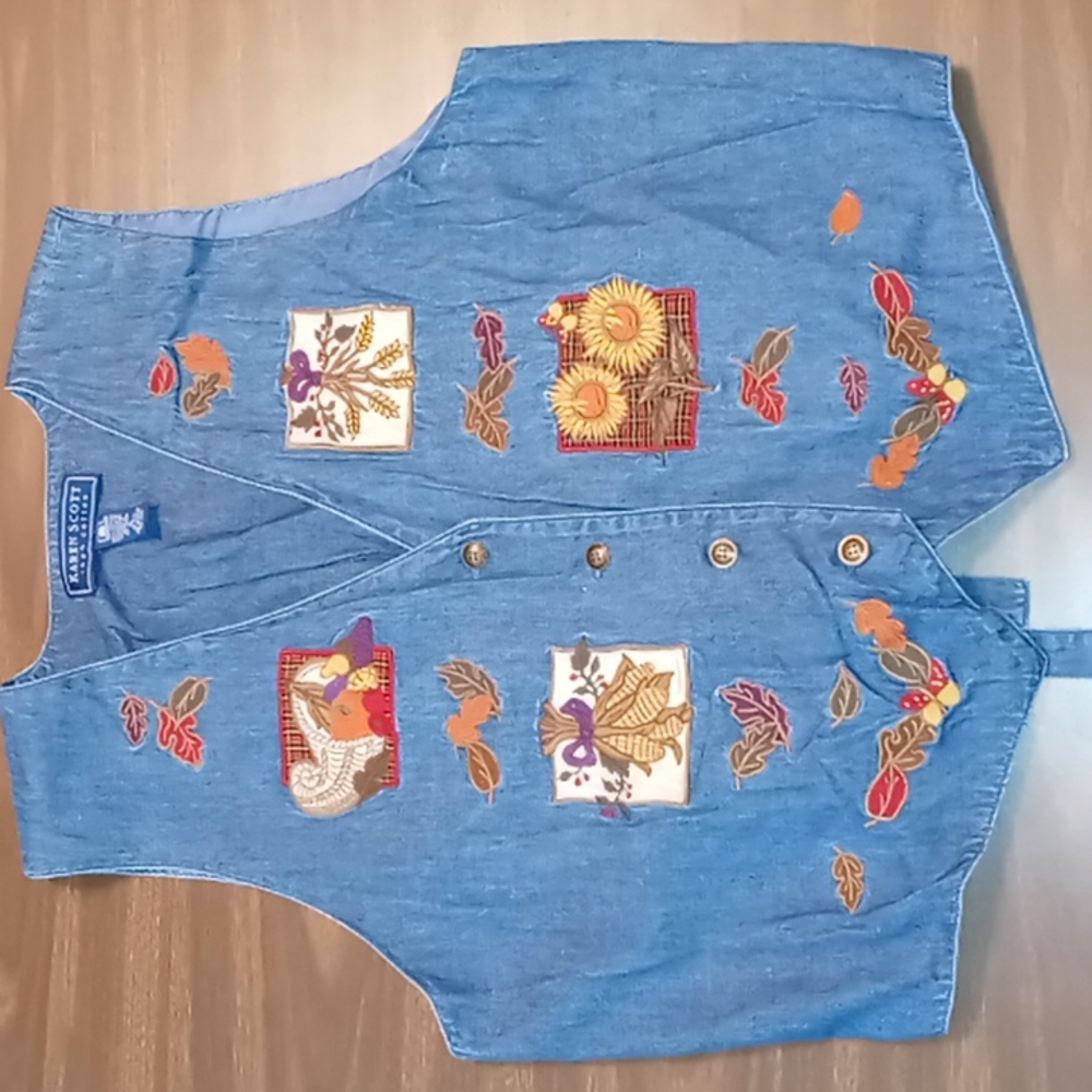 Karen Scott Autumn Theme Jean Vest w Back Tie XL